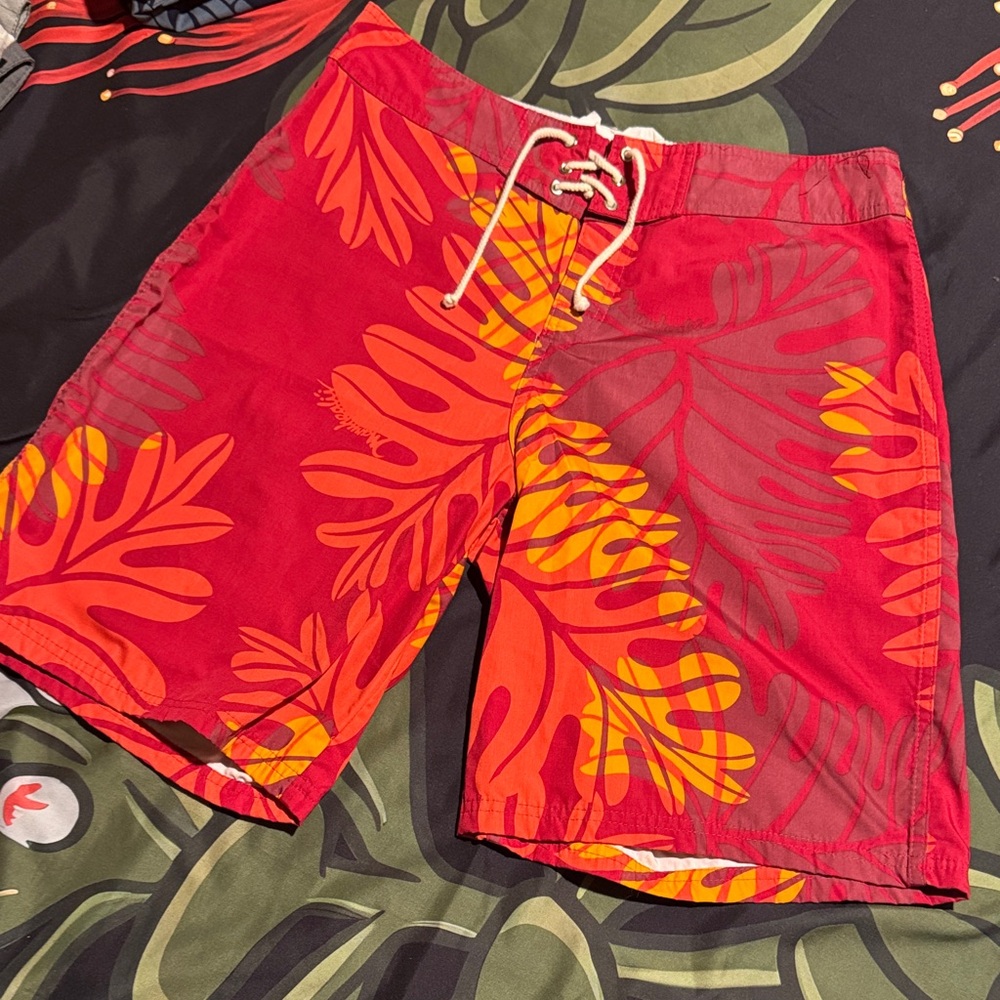 Manuhealii Red and Orange Leaf Print Board Shorts